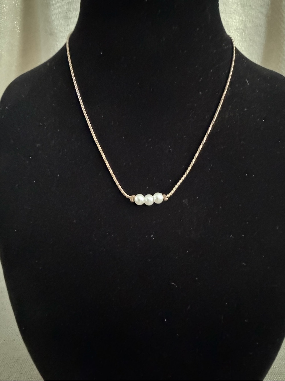 Gold Tone Chain Necklace with Three White Pearl Beads